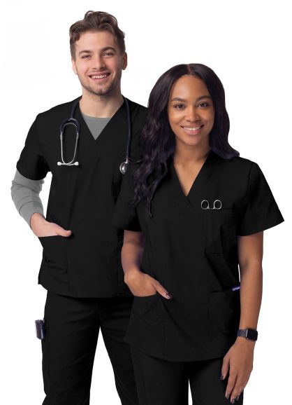 Unisex V-Neck 3 Pocket Top Black 2X