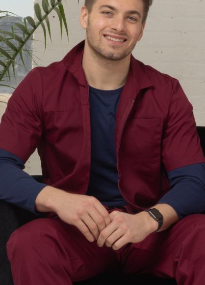 Men's Zippered Short Sleeve Jacket Burgundy M