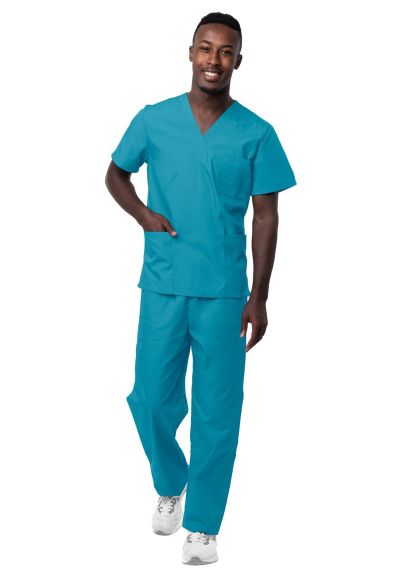 Unisex V-Neck/Drawstring Pant Scrub Set Teal Blue 2X