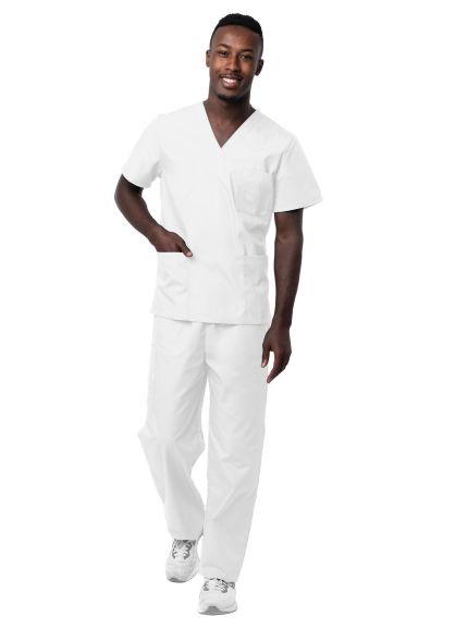 Unisex V-Neck/Drawstring Pant Scrub Set White 2X