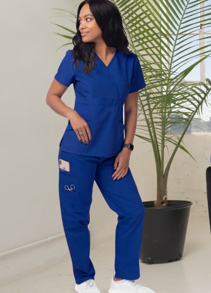 Women's Mock Wrap Top/Cargo Pant Scrub Set Royal Blue 2X