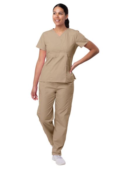 Women's Mock Wrap Top/Cargo Pant Scrub Set Khaki 3X